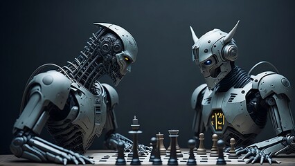 Fototapeta premium 2 humanoid robots competing in a chess match