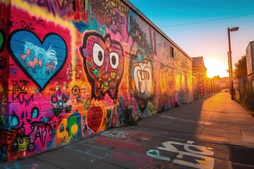 Brick wall with colorful graffiti. Colorful street art as symbol of lgbt community. Concept of LGBT community equality movement, lgbt happy pride month. Generative AI