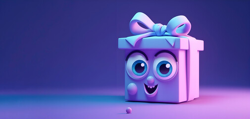 Lilac cartoon box with cheerful eyes and smile, purple pink gradient color, fairy box holographic sign. Banner, copy space. Holiday concept. AI generated