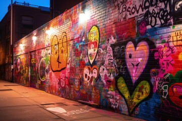 Brick wall with colorful graffiti. Colorful street art as symbol of lgbt community. Concept of LGBT community equality movement, lgbt happy pride month. Generative AI