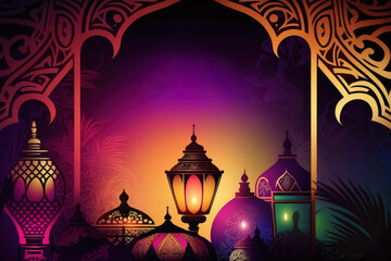 Oriental background poster template, ramadan or eid mubarak colorful background. Generative AI