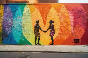 Rainbow graffiti brick wall with silhouettes of two women. Concept of LGBT community equality movement, lgbt happy pride month. Generative AI