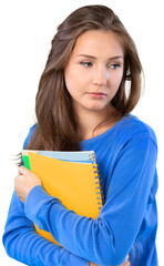 Young sad woman holding stack book