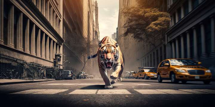 Spectacular image capturing a wild, fierce bull roaming free on the bustling streets of New York City, evoking intense emotions and unforgettable visuals. Generative AI