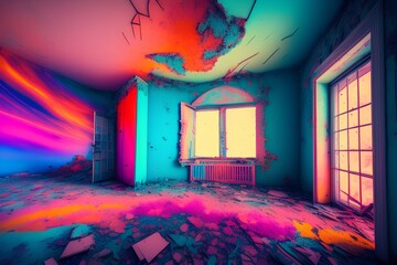 Colorful Dreamscape in abandoned big house - generative ai