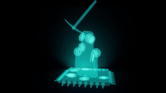 3d render animation of hologram bitcoin in heaps. A pickaxe stuck in a mound and ready to mine cryptocurrency