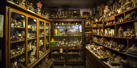 Captivating depiction of a mysterious horror museum: dimly-lit room, shelves with formaldehyde jars, aged books, eerie objects and taxidermy animals ignite emotions. Generative AI - obrazy, fototapety, plakaty