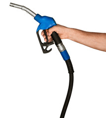 Human hand holding a gas nozzle