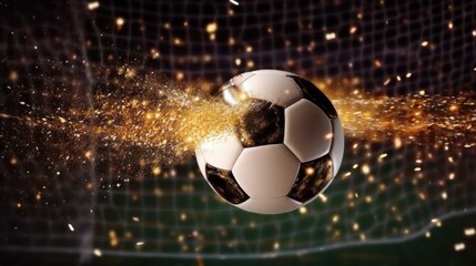Fototapeta premium Soccer ball hitting the net with glitter effect and high speed. Generative AI.
