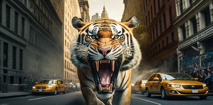 Captivating image of a fierce male tiger roaming the streets of a bustling city like New York, showcasing the raw power and emotion between the urban jungle and its untamed inhabitant. Generative AI