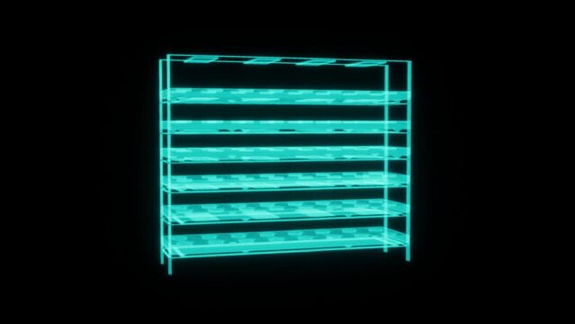 Animation of glowing and spinning in rotation modern scifi holographic shelf. Vertical farm in black background