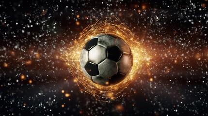 Fototapeta premium Soccer ball hitting the net with glitter effect and high speed. Generative AI.