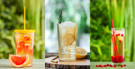Set of glasses with tasty cold ice tea on table outdoors