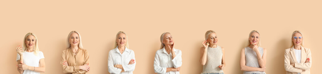 Set of fashionable mature woman on beige background