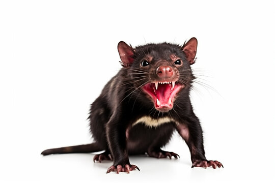 A tasmanian devil with its mouth open isolated on white background. Generative AI.