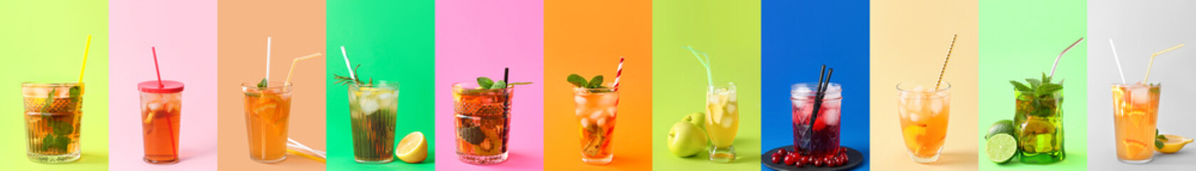 Group of tasty cold ice tea on color background