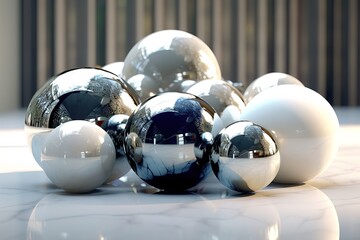 Acrylic glass spheres on white room background - obrazy, fototapety, plakaty