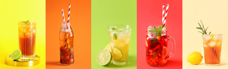 Collage of tasty cold ice tea on color background