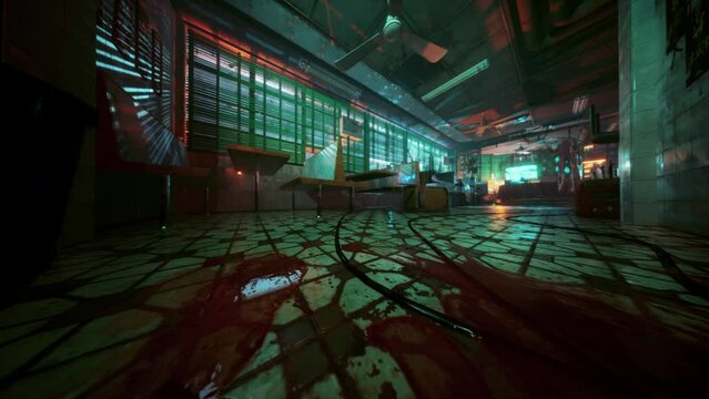 deserted Asian bar lit up by neon lights