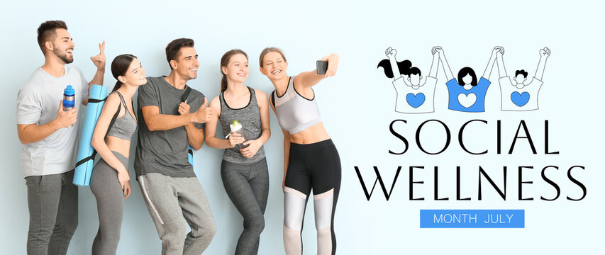 Banner for Social Wellness Month with group of young sporty people