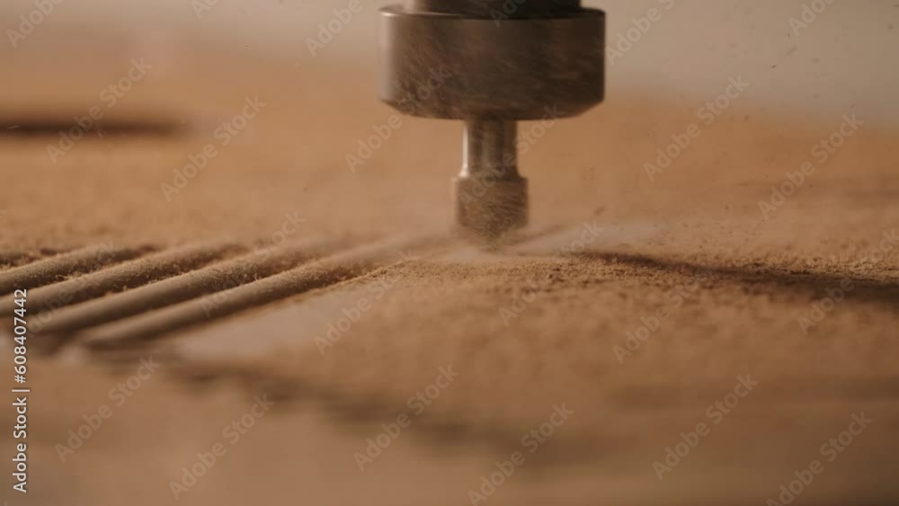 Poster close-up of machine for patterns on wood. creative. industrial machine with cutting needle on surfac