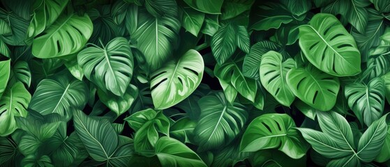 Obraz na płótnie Canvas Background of tropical green leaves. Banner layout for a text field. the concept of recreation and travel. Background with tropical green leaves of monstera.. generative ai