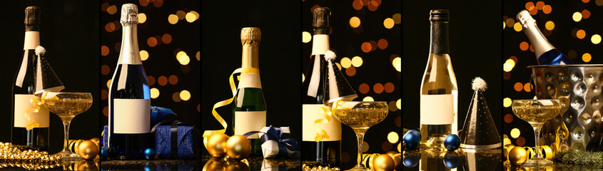 Collage with champagne and Christmas decor on dark background
