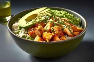 Avocado Mojo Bowls with Sweet Potato and Chicken on gray background. Generative Ai content