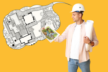 Male landscape designer with drawings on yellow background