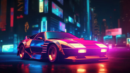 Obraz na płótnie Canvas Futuristic sport car with retro design at night city street with neon glowing lights. Cyberpunk background. Created with Generative AI