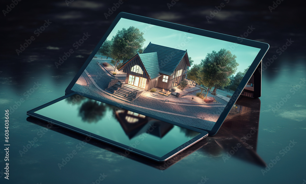 Poster a tablet computer with a small house and forest on top of it. generative ai image.