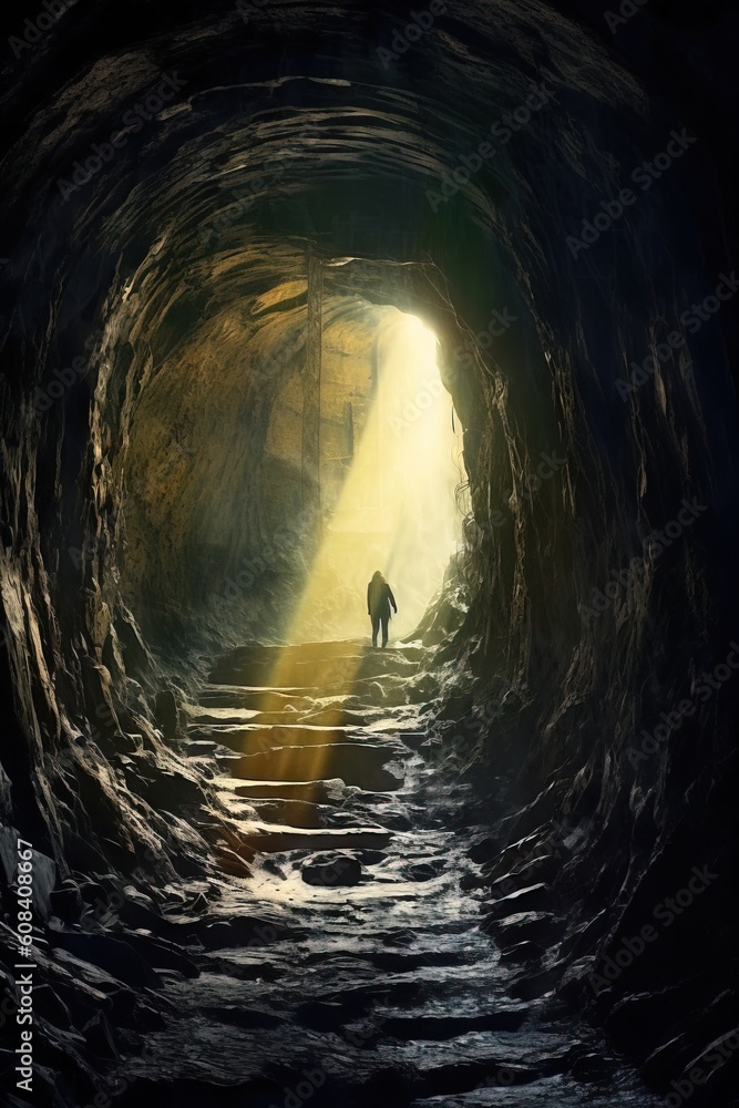 Poster a man is standing in a tunnel with a light at the end. generative ai