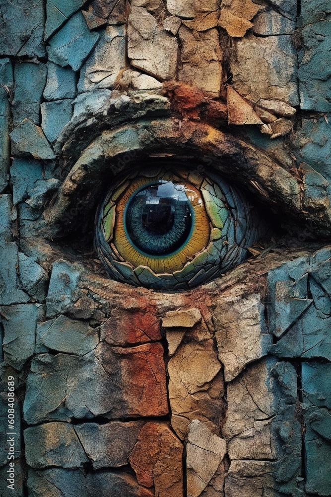 Poster a close up of a tree trunk with an eye painted on it. generative ai