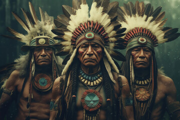 Portrait of indigenous tribe. Traditional Indians with painted faces. Native american people. Created with Generative AI