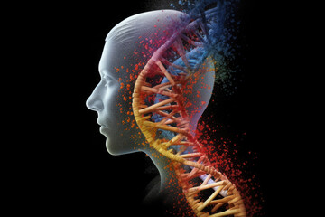 Human body silhouette and DNA helix. Biotechnologies and human genomic code concept. Created with Generative AI