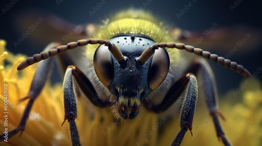 Poster  a close up of a bug on a flower with a black background.  generative ai