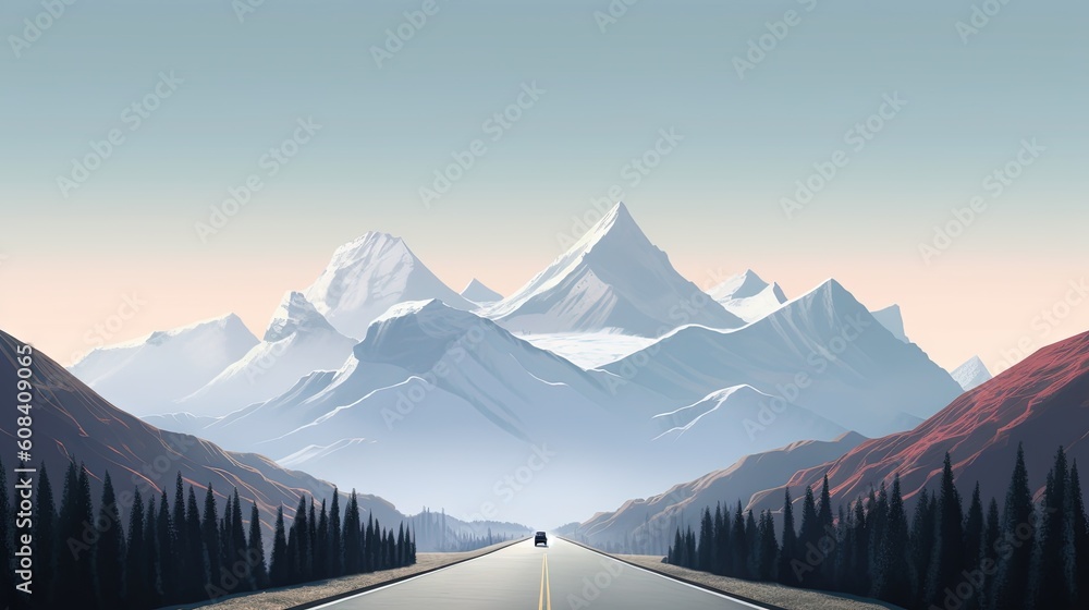 Poster a long empty road with a mountain range in the background. generative ai