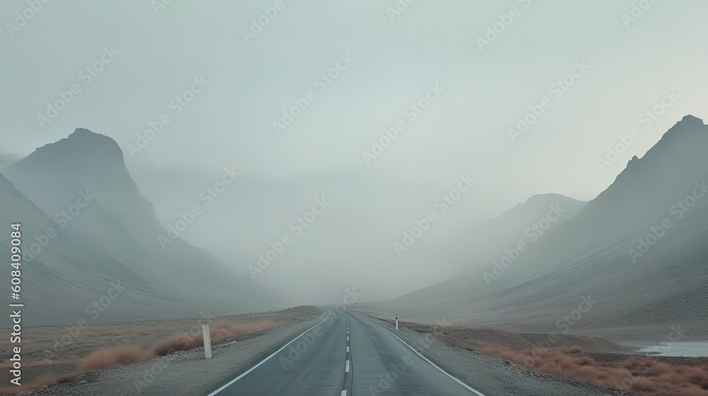 Poster a long empty road in the middle of a mountain range. generative ai