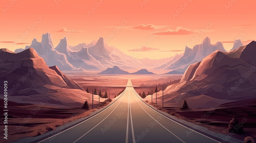 Poster a long road with mountains in the background and a sky filled with clouds. generative ai