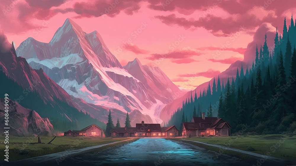 Poster a painting of a mountain scene with a river running through it. generative ai