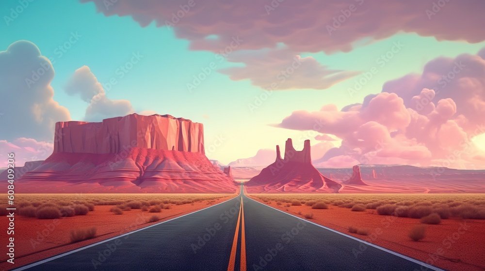 Poster a long empty road in the middle of a desert with mountains in the background. generative ai
