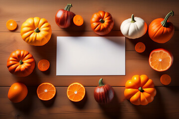 Blank sheet of paper surrounded by pumpkins and halves of oranges. Generative AI.
