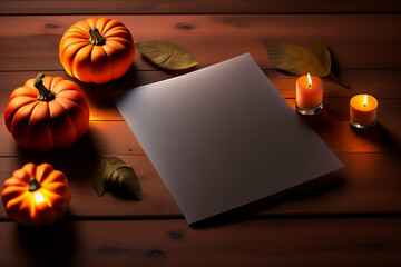 Blank sheet of paper surrounded by pumpkins and lit candles_side view. Generative AI.