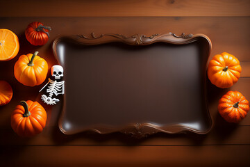 Empty brown tray on the table next to a toy skeleton, orange and pumpkins. Generative AI.