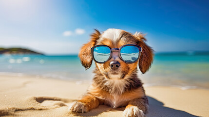 cute brown dog wearing sunglasses at the beach, generative ai illustration