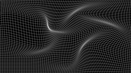 Digital curved grid lines texture or background. 3d distorted wave pattern with the optical illusion. Big data visualization. Vector illustrations.