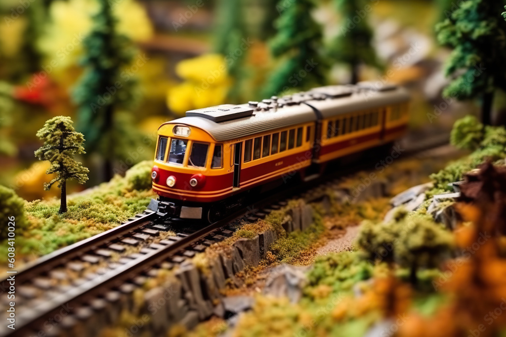 Poster a model train on a track with trees in the background. generative ai.