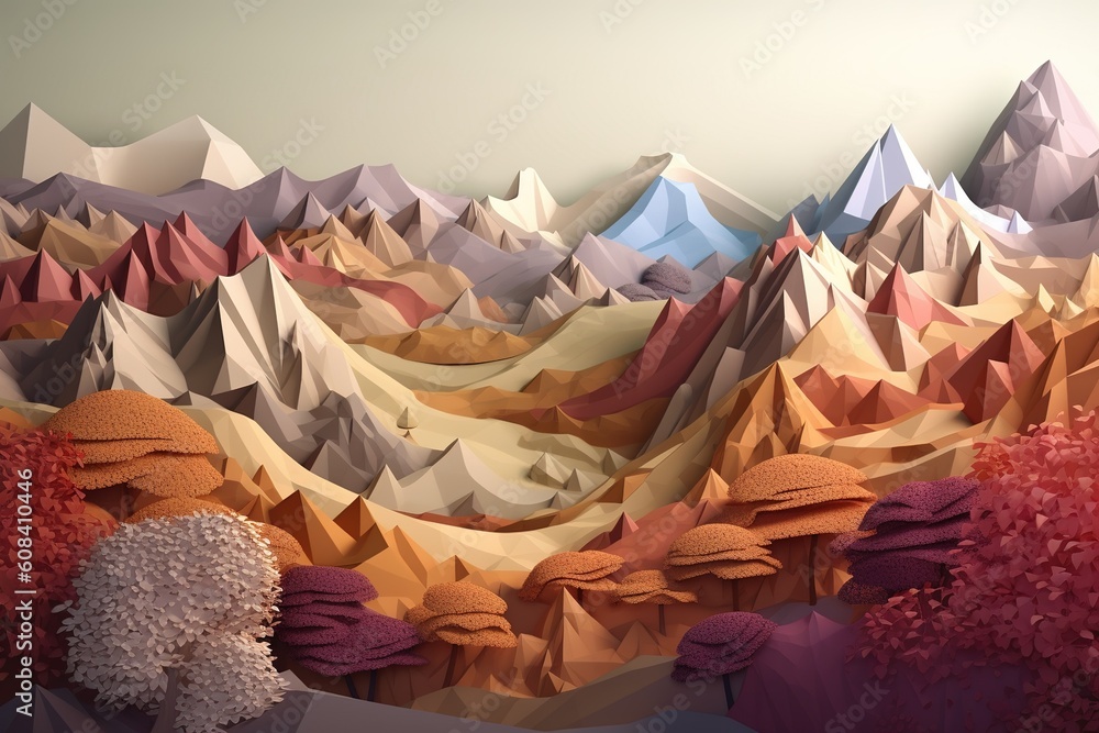Poster a picture of a mountain range, with some trees in the front of the picture generative ai