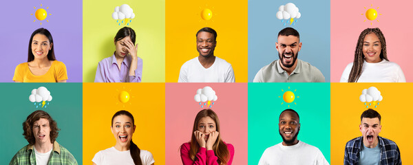 Emotion Explosion. Multiethnic Men And Women With Different Mood On Colorful Backgrounds