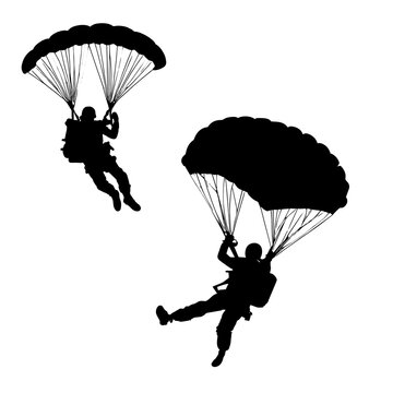 Vector illustration. Airplane jump. Silhouette of two skydivers. Flight in the air.